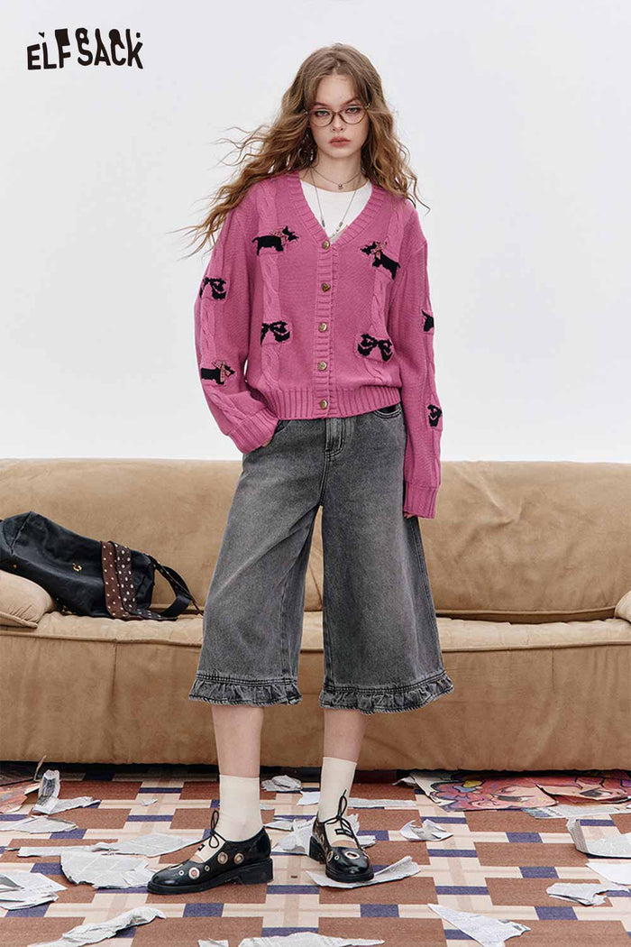 Puppy Print V-Neck Cropped Cardigan