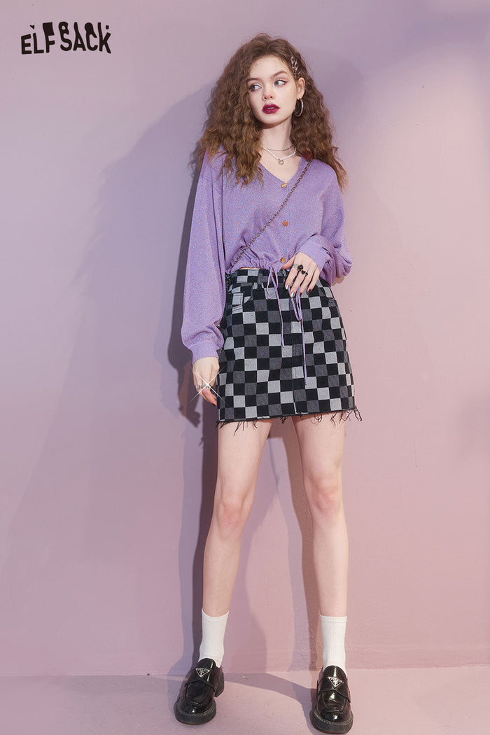 Purple Drawstring Cropped Knit Cardigan