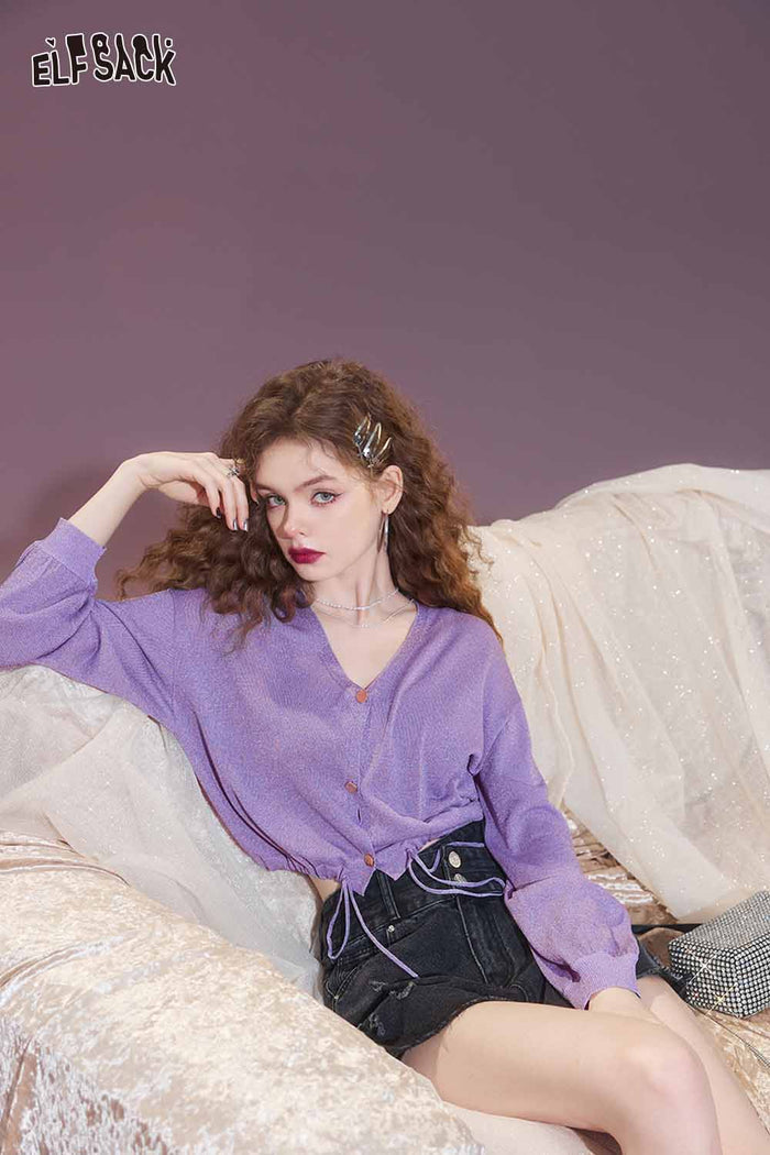Purple Drawstring Cropped Knit Cardigan