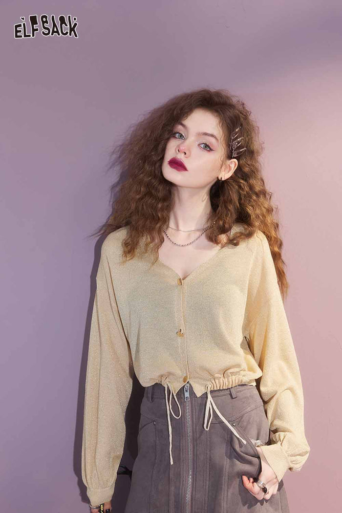 Purple Drawstring Cropped Knit Cardigan