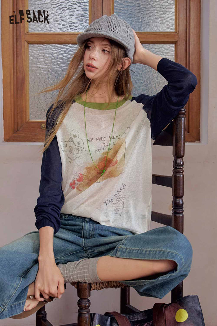 Raglan Contrast Bear Graphic Long Sleeve Tee