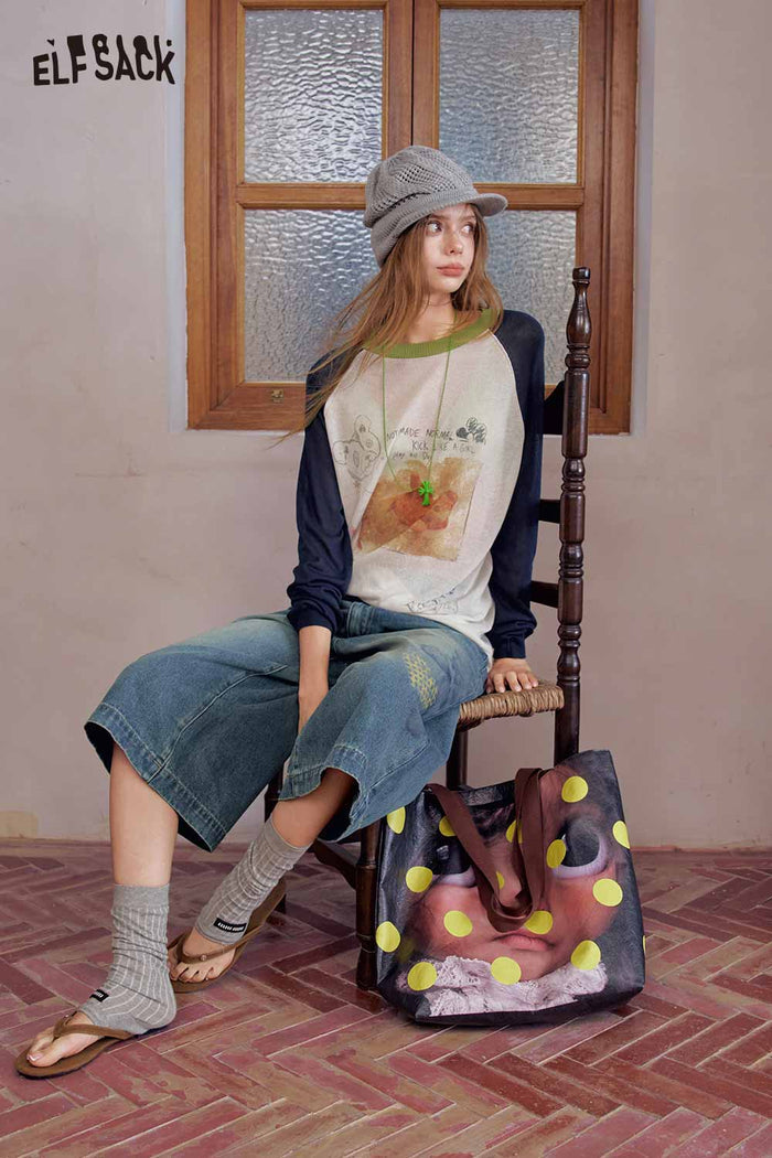 Raglan Contrast Bear Graphic Long Sleeve Tee