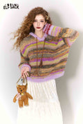 ELFSACK Rainbow Ombre Faux Fur Hem Pony Drawstring Hooded Pullover Sweater