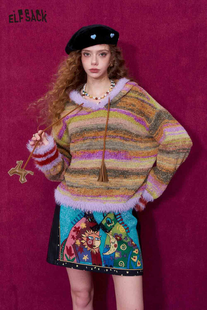 ELFSACK Rainbow Ombre Faux Fur Hem Pony Drawstring Hooded Pullover Sweater