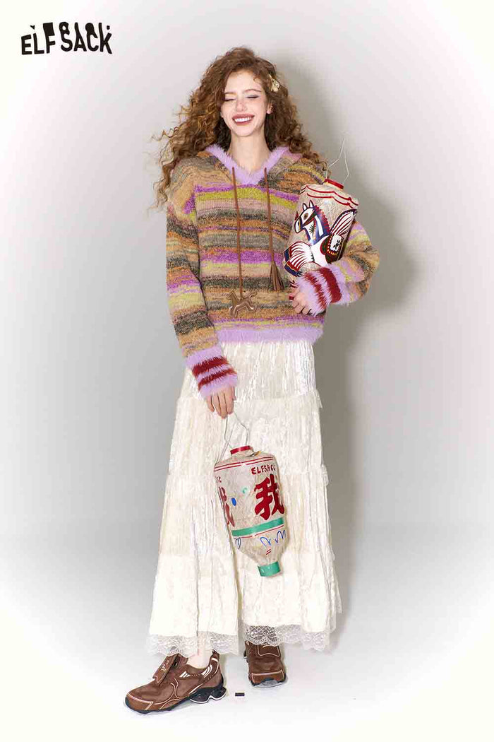ELFSACK Rainbow Ombre Faux Fur Hem Pony Drawstring Hooded Pullover Sweater