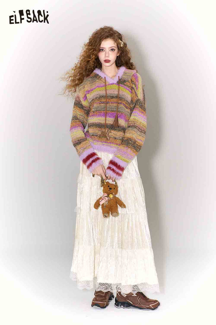 ELFSACK Rainbow Ombre Faux Fur Hem Pony Drawstring Hooded Pullover Sweater