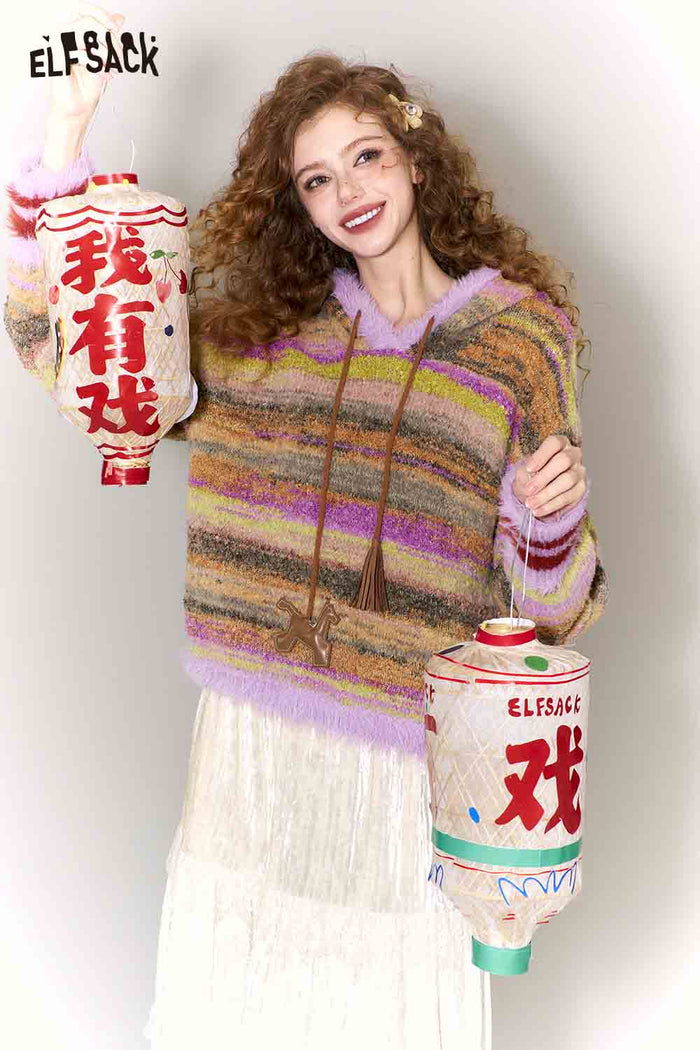 ELFSACK Rainbow Ombre Faux Fur Hem Pony Drawstring Hooded Pullover Sweater