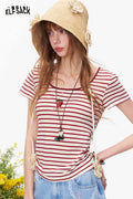 ELFSACK Red Striped Strawberry Embroidery Square Neck Tee