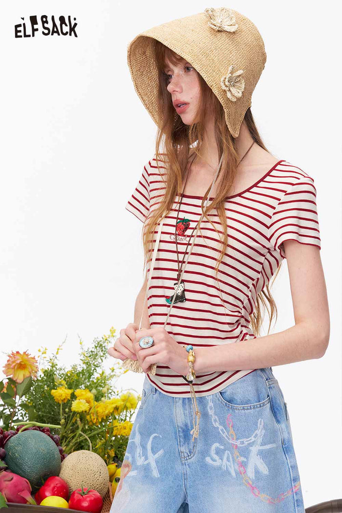ELFSACK Red Striped Strawberry Embroidery Square Neck Tee