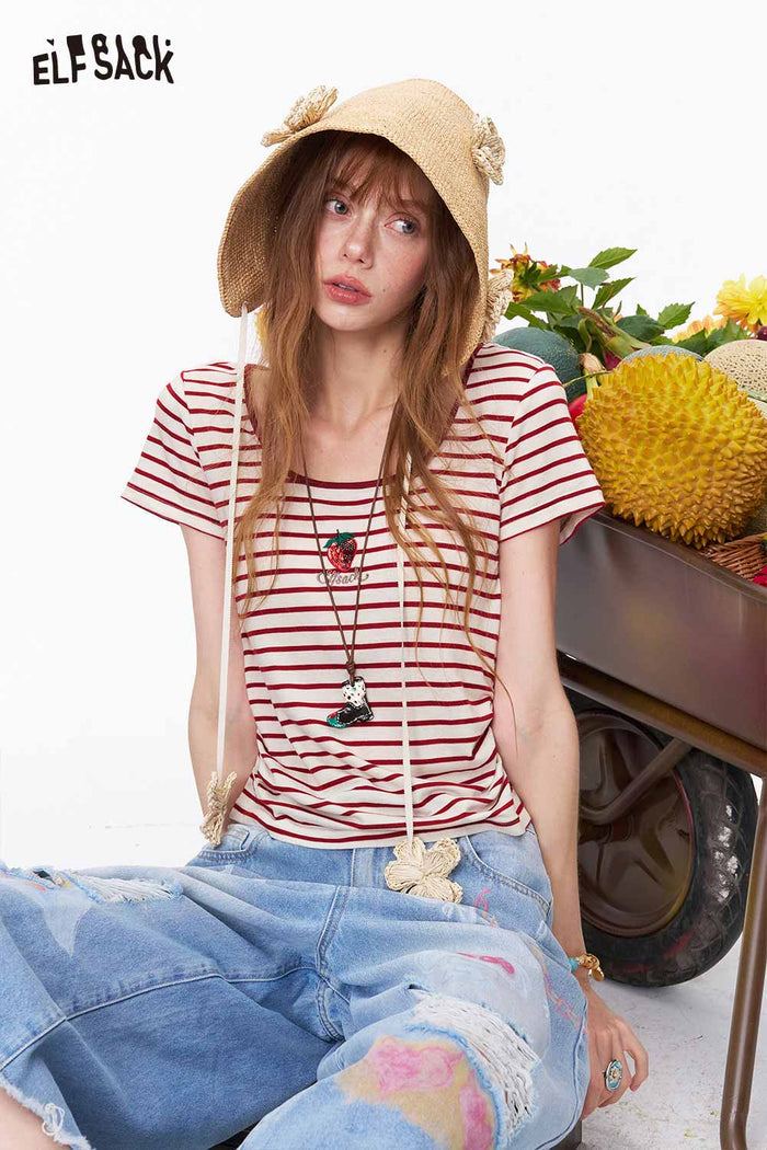 ELFSACK Red Striped Strawberry Embroidery Square Neck Tee