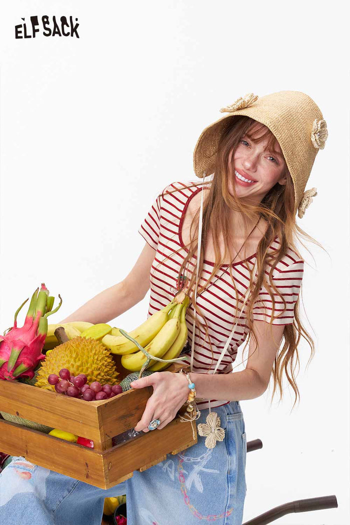 ELFSACK Red Striped Strawberry Embroidery Square Neck Tee