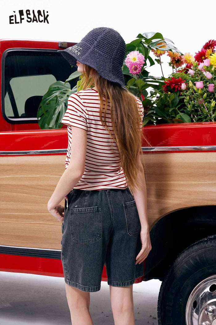 ELFSACK Red Striped Strawberry Embroidery Square Neck Tee