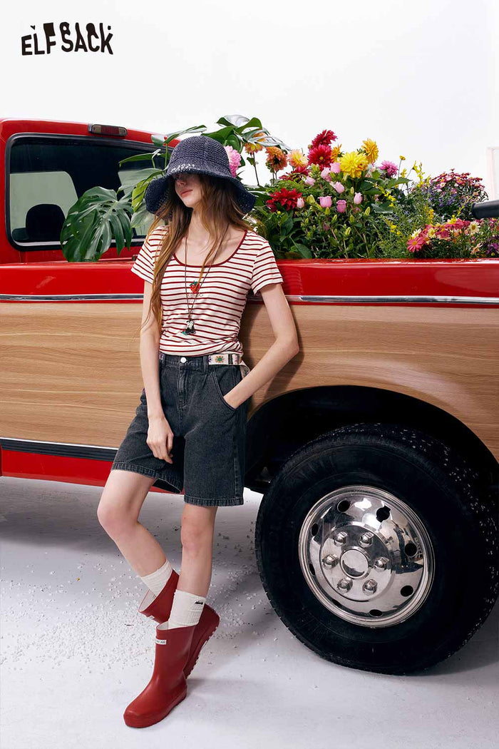 ELFSACK Red Striped Strawberry Embroidery Square Neck Tee