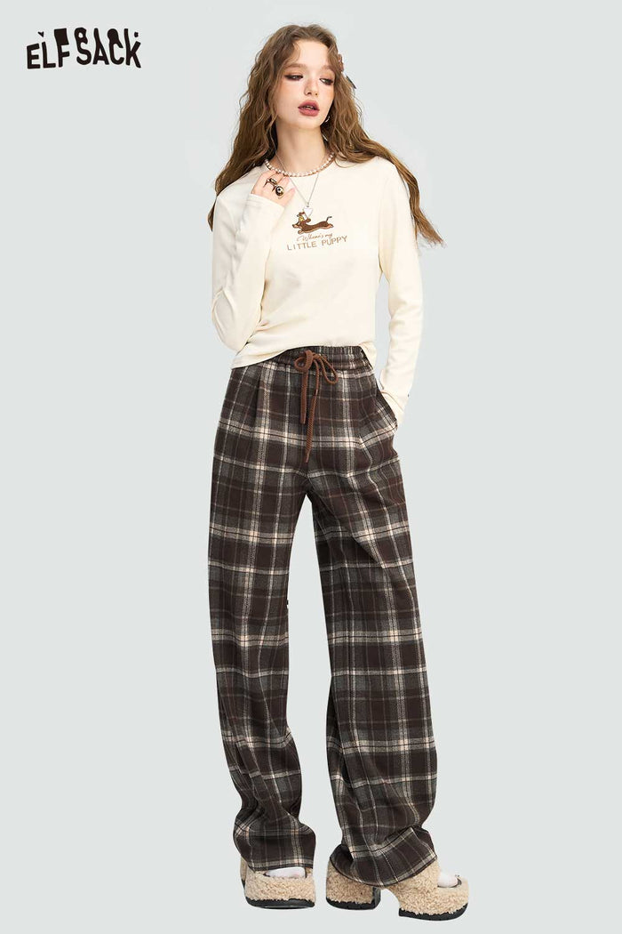 ELFSACK Relaxed Vintage Plaid Casual Wide Leg Loose Pants