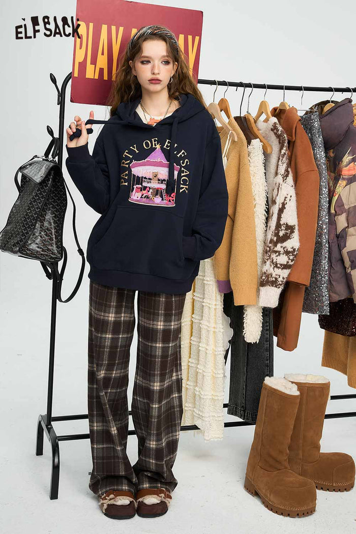 ELFSACK Relaxed Vintage Plaid Casual Wide Leg Loose Pants
