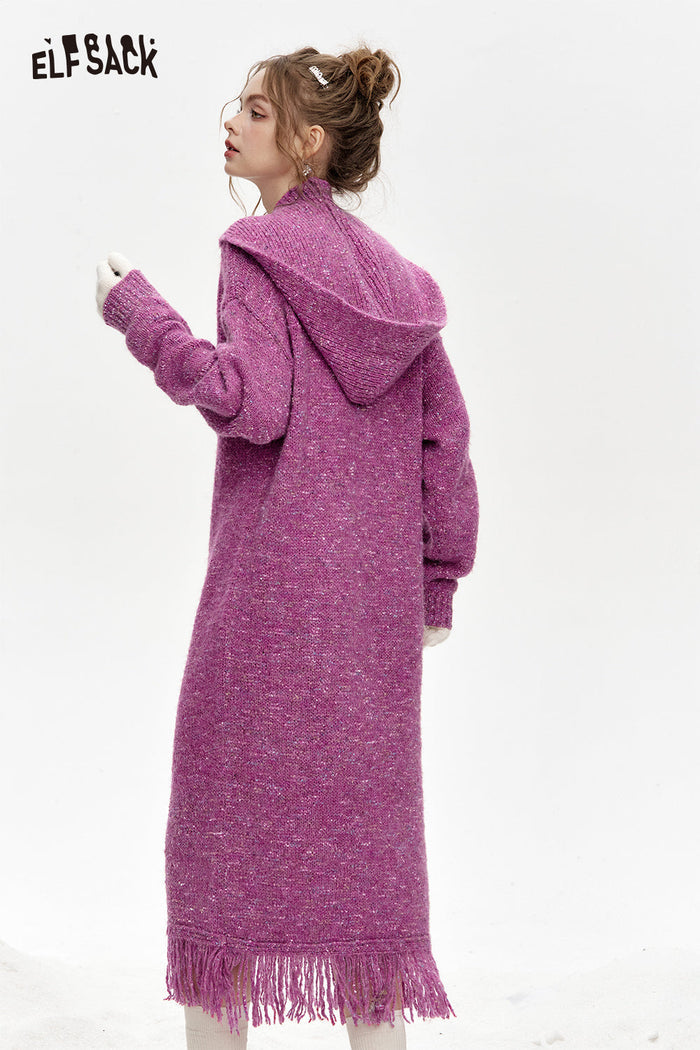ELFSACK Removable hood, tassels, knitted long straight dress