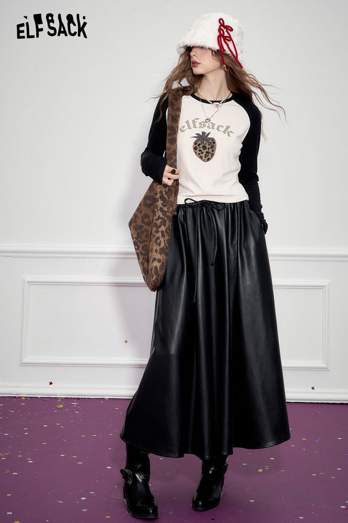 ELFSACK Retro black large hem pu long A-line skirt