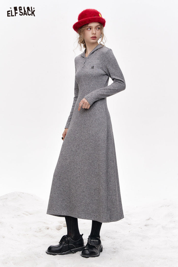ELFSACK Retro casual gray embroidered knitted hooded collar long dress