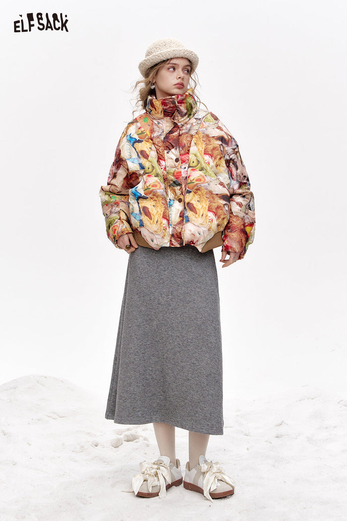 ELFSACK Retro casual gray embroidered knitted hooded collar long dress