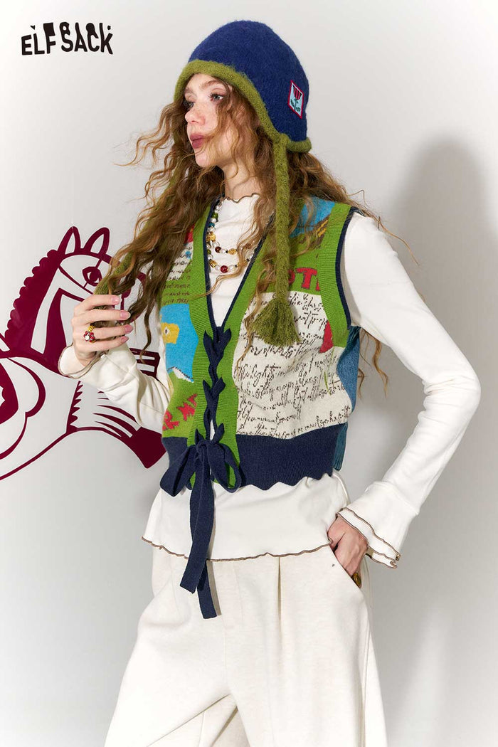 ELFSACK Retro Denim Knit Blend Cartoon Jacquard Star Patch Vest