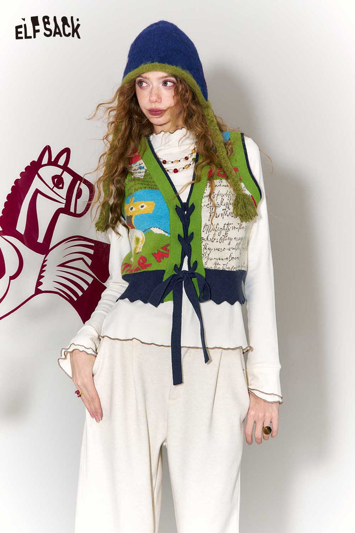 ELFSACK Retro Denim Knit Blend Cartoon Jacquard Star Patch Vest