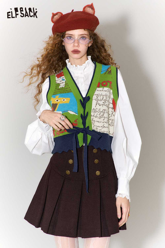 ELFSACK Retro Denim Knit Blend Cartoon Jacquard Star Patch Vest