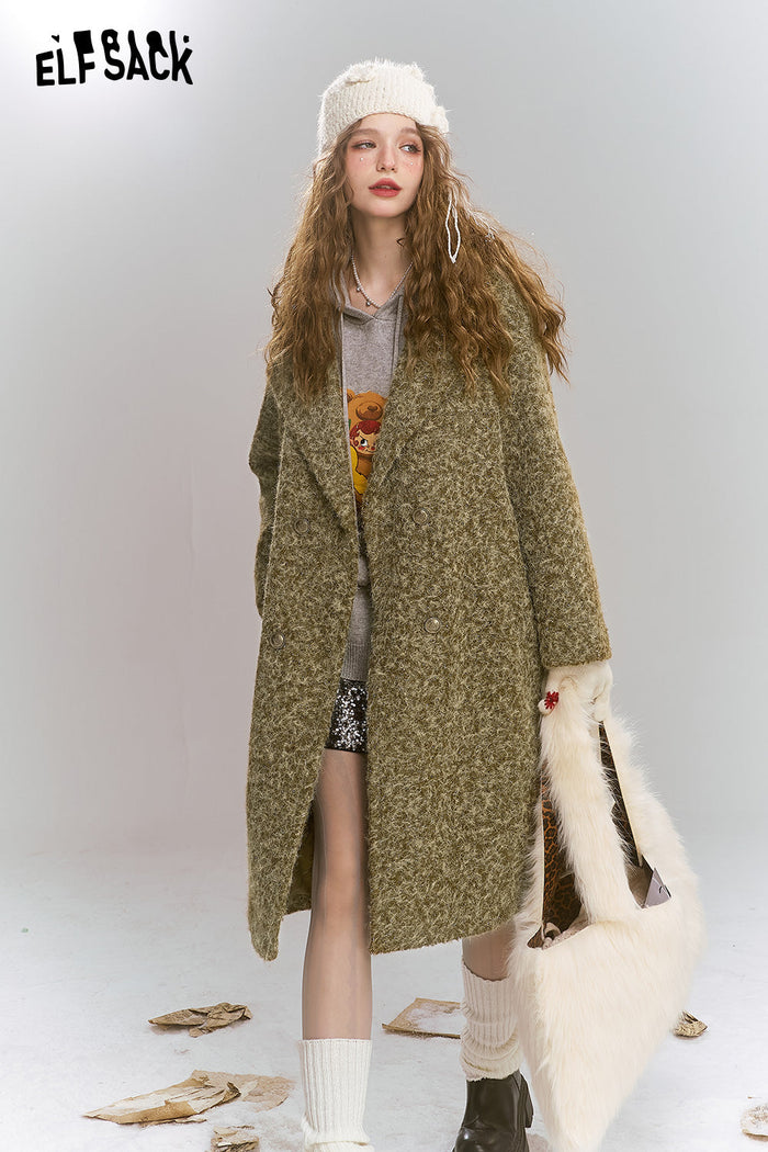 ELFSACK Retro elegant mid length lapel thick coat