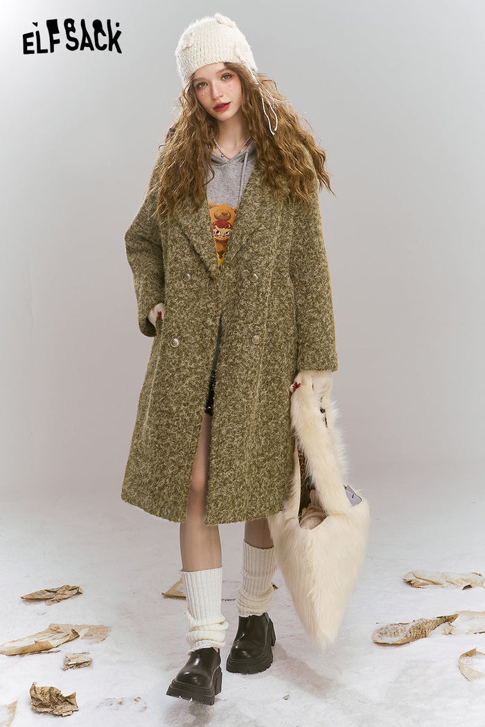 ELFSACK Retro elegant mid length lapel thick coat