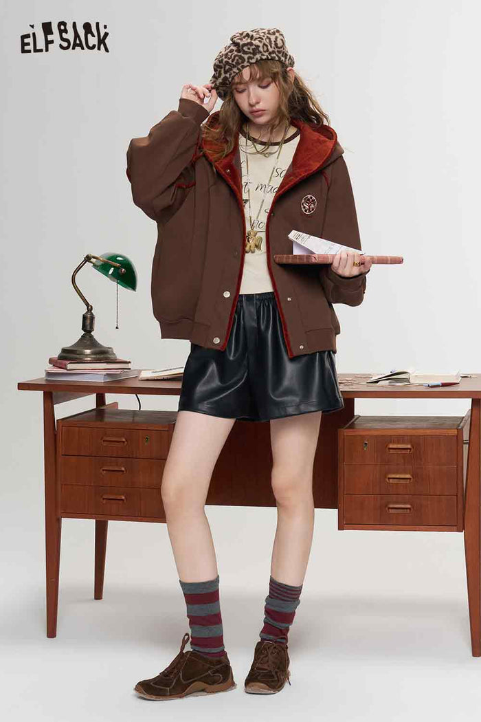 Retro Embroidered Varsity Jacket Loose Hooded Contrast