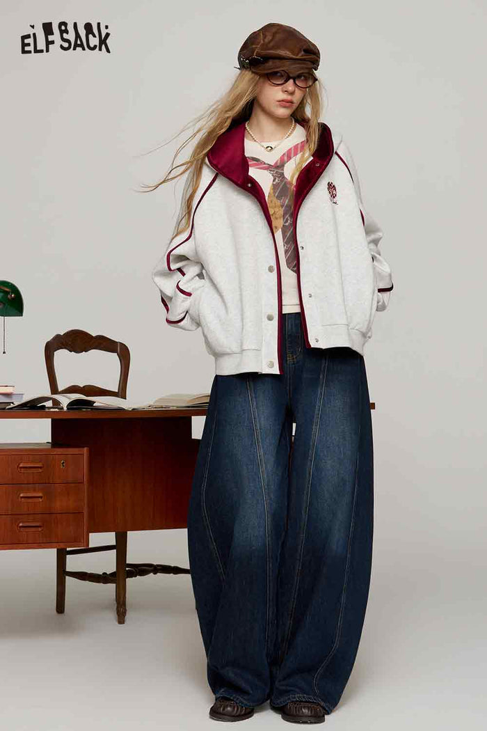 Retro Embroidered Varsity Jacket Loose Hooded Contrast