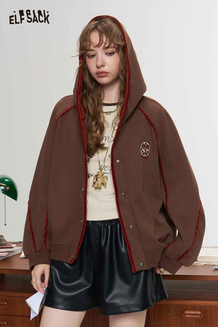 Retro Embroidered Varsity Jacket Loose Hooded Contrast