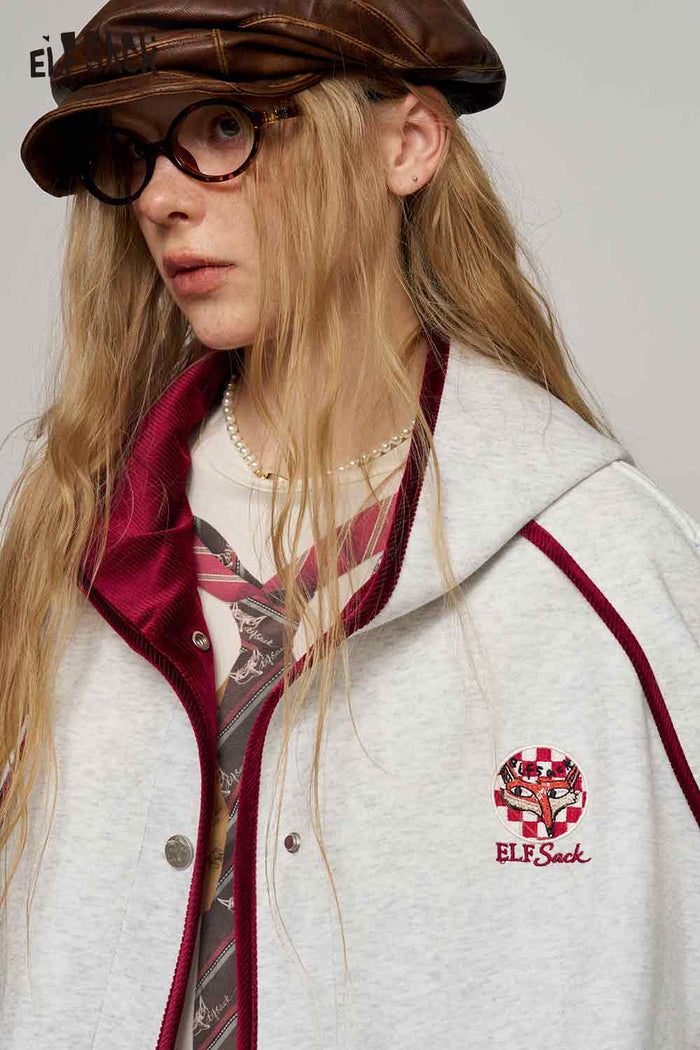 Retro Embroidered Varsity Jacket Loose Hooded Contrast