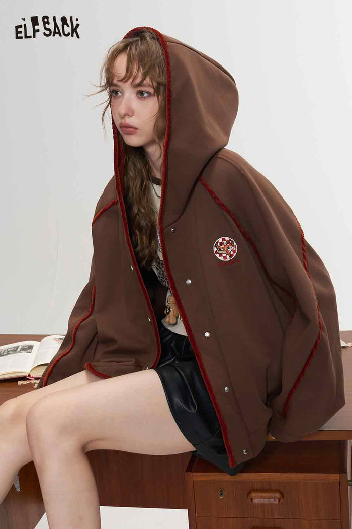 Retro Embroidered Varsity Jacket Loose Hooded Contrast
