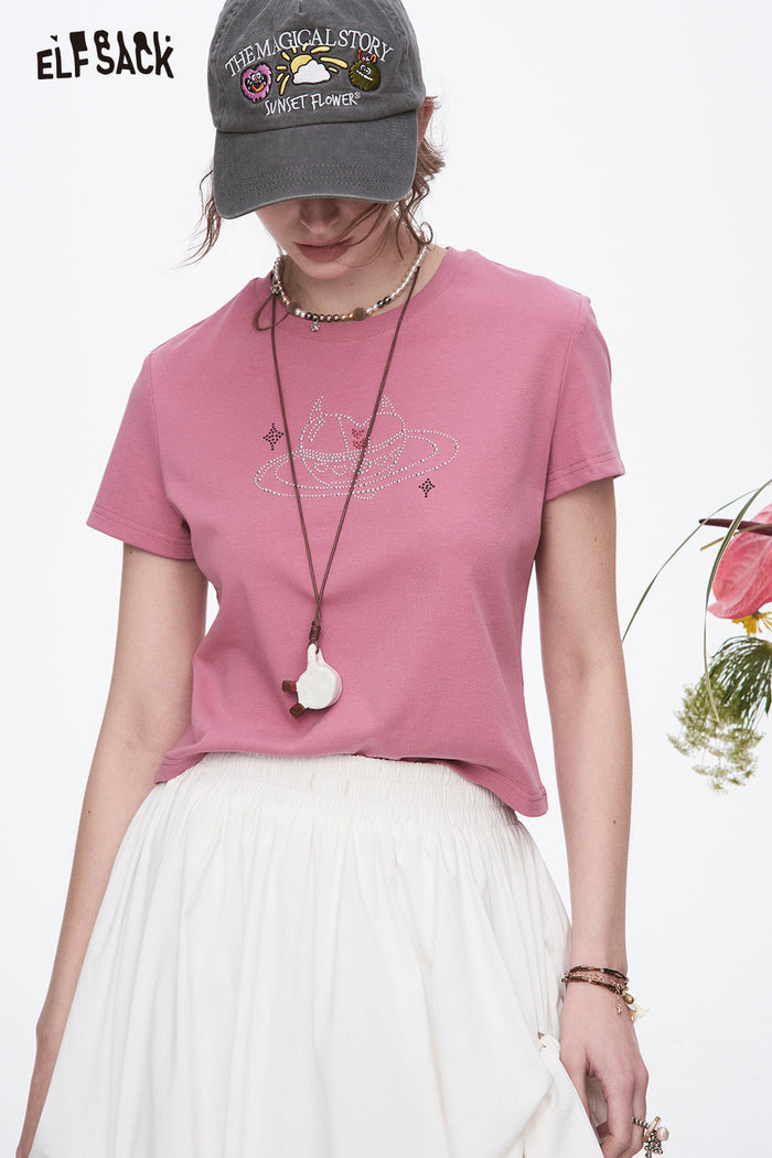 ELFSACK Retro Heart Printed Short Sleeve T-Shirt Women Y2K Cropped Top