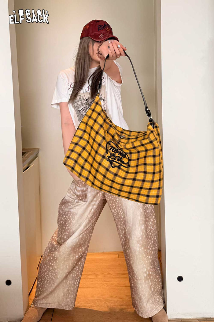 ELFSACK Retro Plaid Crossbody Bag with Heart Letter Embroidery