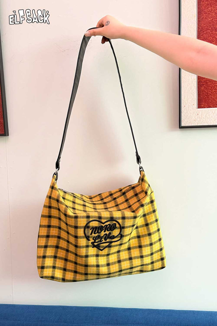 ELFSACK Retro Plaid Crossbody Bag with Heart Letter Embroidery