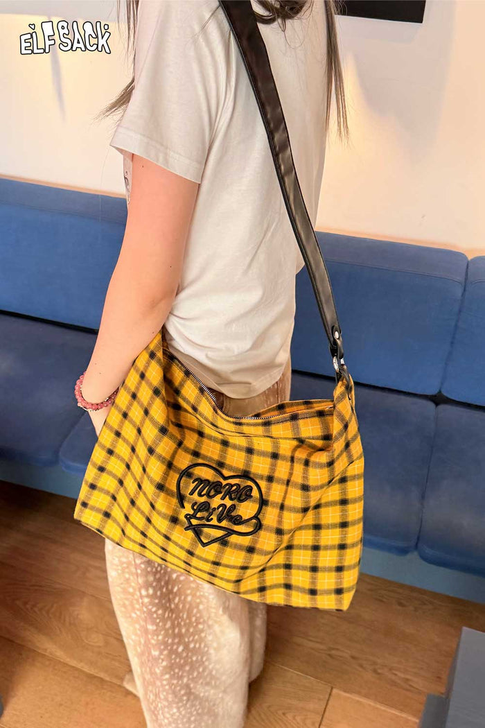 ELFSACK Retro Plaid Crossbody Bag with Heart Letter Embroidery