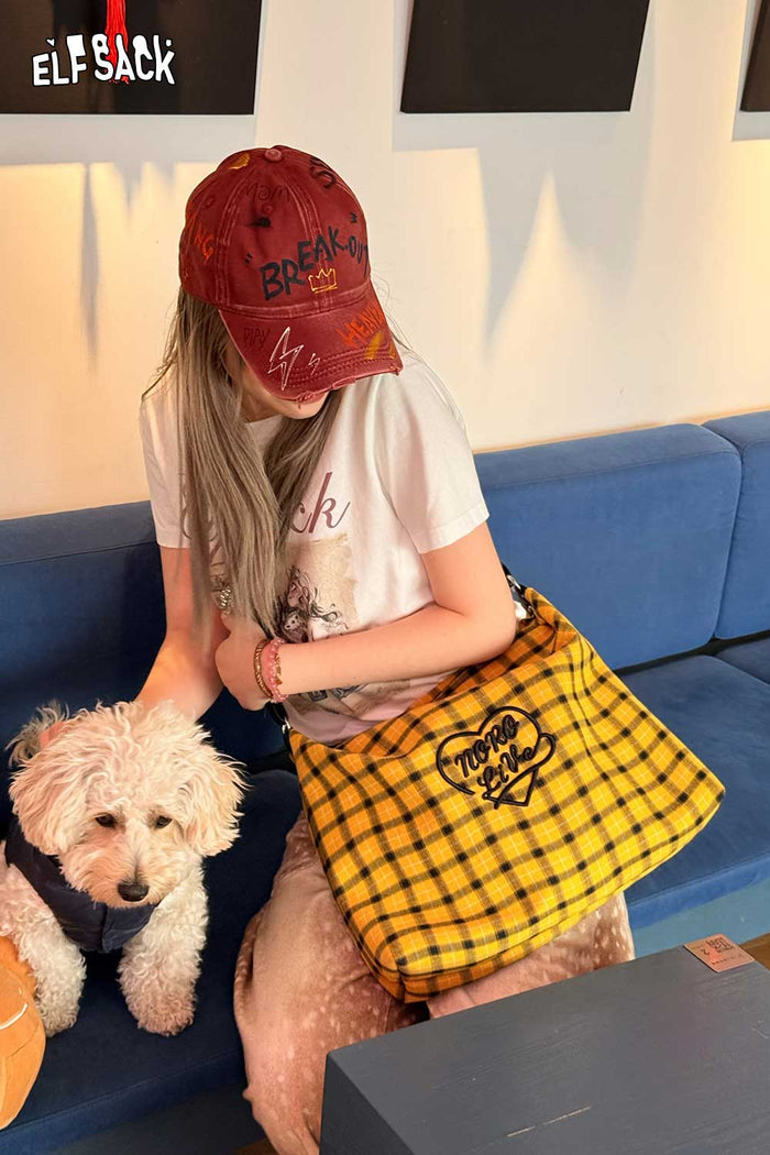 ELFSACK Retro Plaid Crossbody Bag with Heart Letter Embroidery