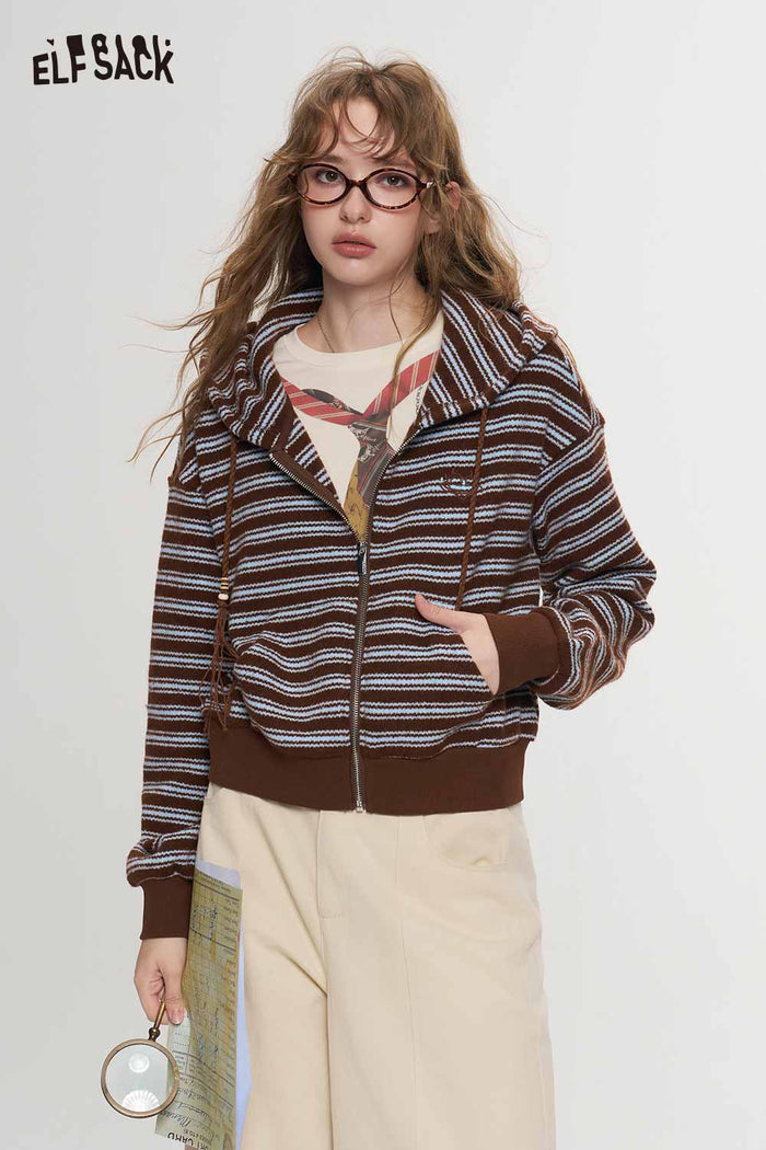 Retro Preppy Striped Hooded Embroidered Sweater