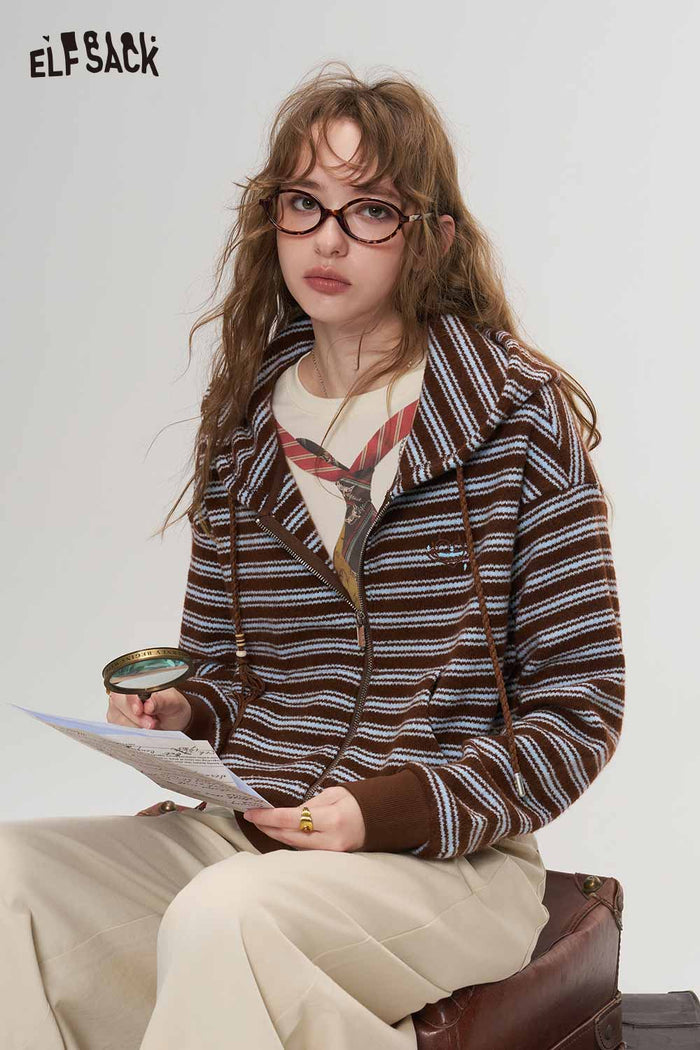 Retro Preppy Striped Hooded Embroidered Sweater