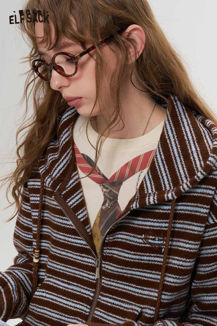 Retro Preppy Striped Hooded Embroidered Sweater