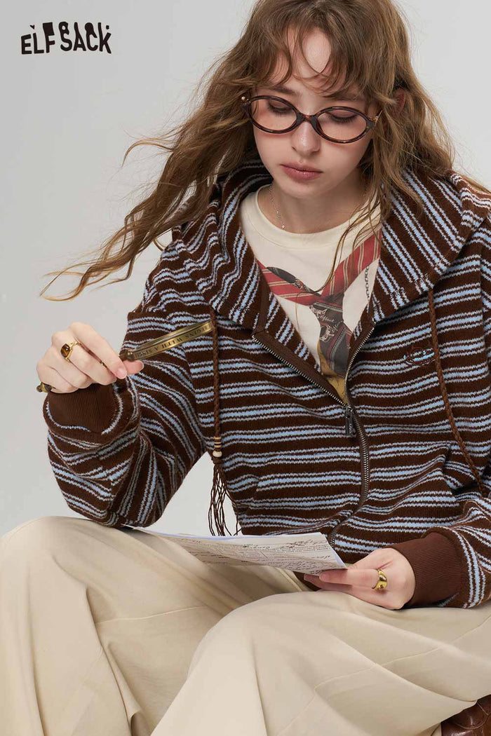 Retro Preppy Striped Hooded Embroidered Sweater