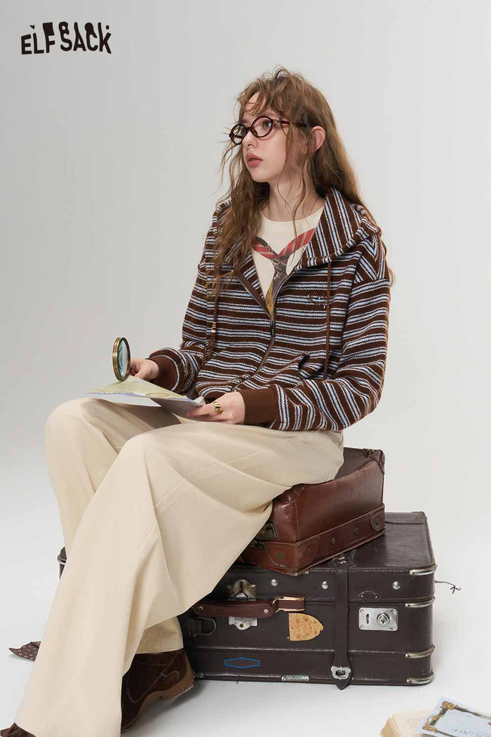 Retro Preppy Striped Hooded Embroidered Sweater