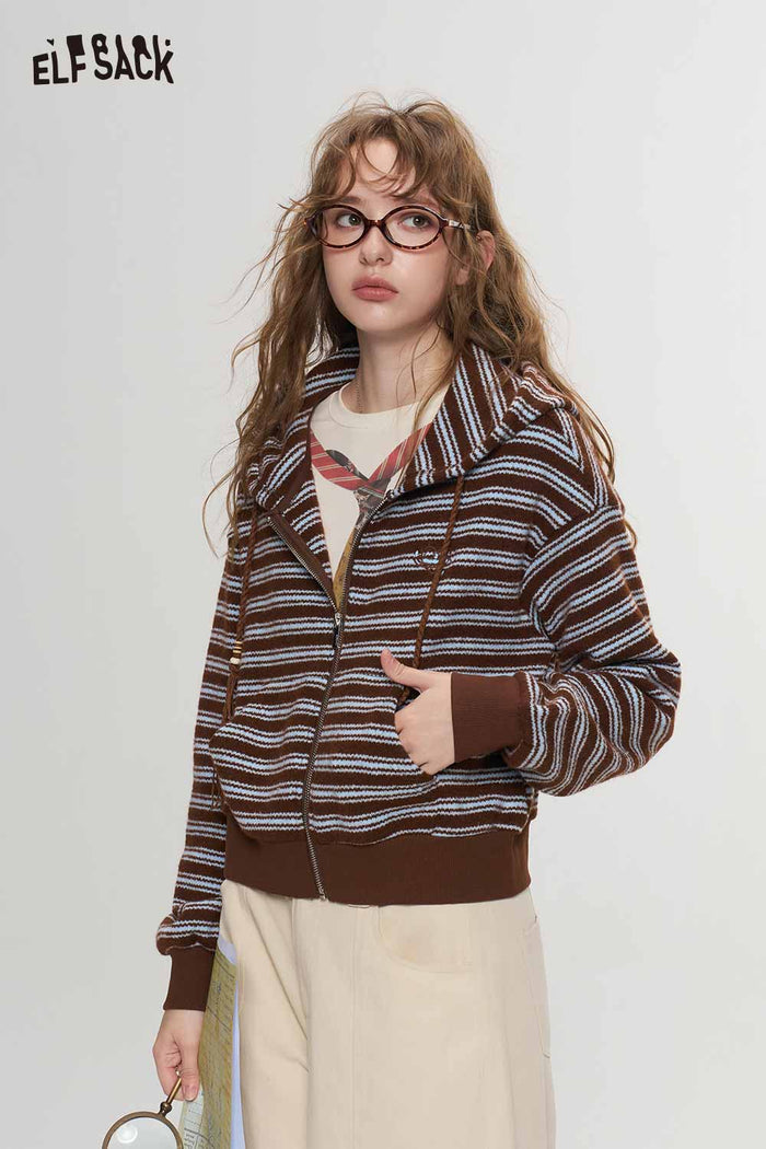 Retro Preppy Striped Hooded Embroidered Sweater