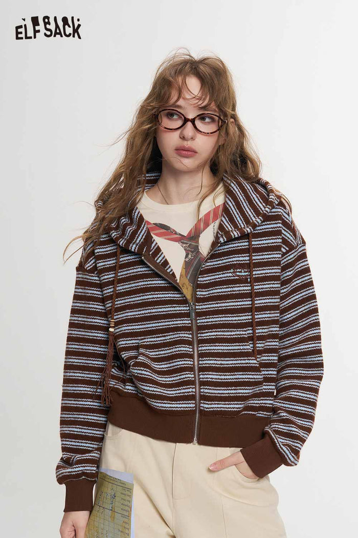 Retro Preppy Striped Hooded Embroidered Sweater
