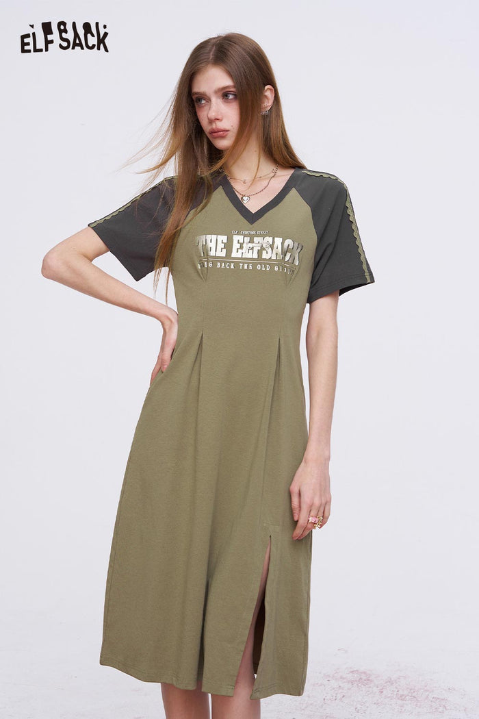 ELFSACK Retro Sporty Midi Dress with Raglan Sleeves