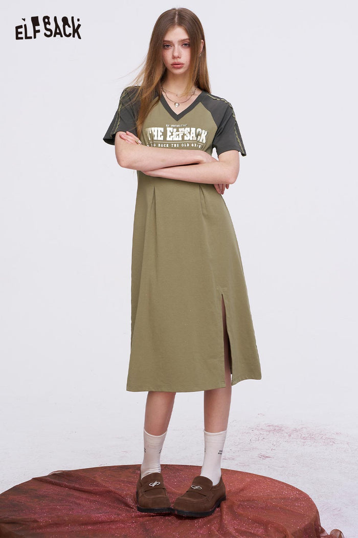 ELFSACK Retro Sporty Midi Dress with Raglan Sleeves