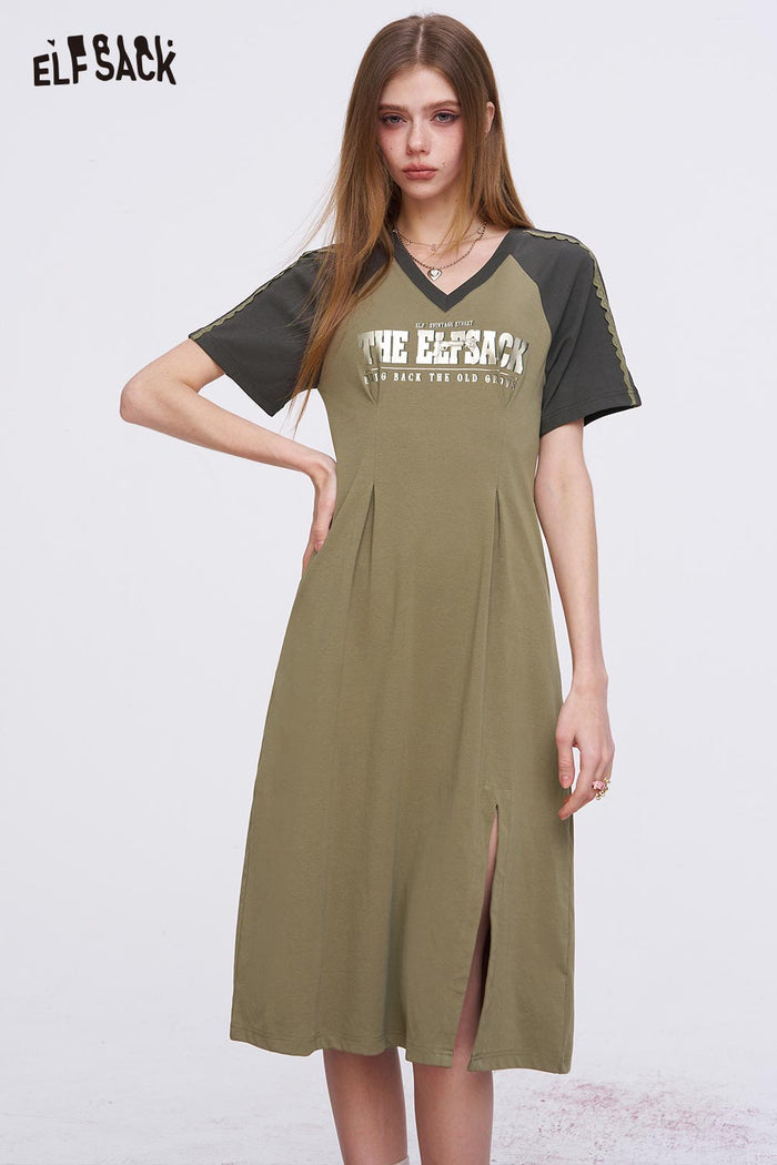ELFSACK Retro Sporty Midi Dress with Raglan Sleeves