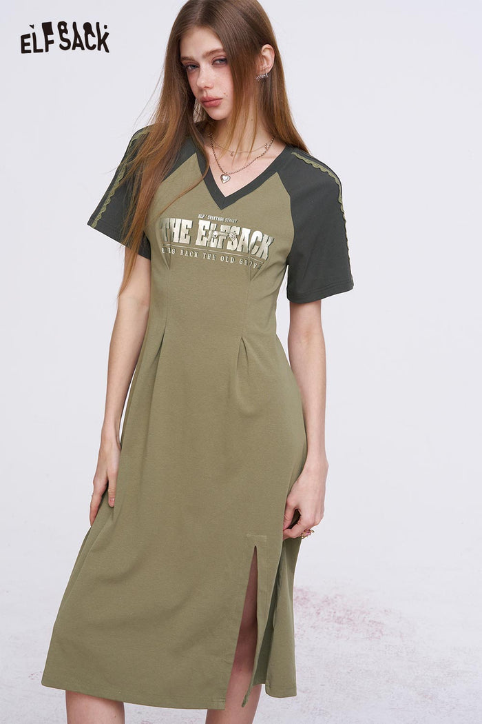ELFSACK Retro Sporty Midi Dress with Raglan Sleeves
