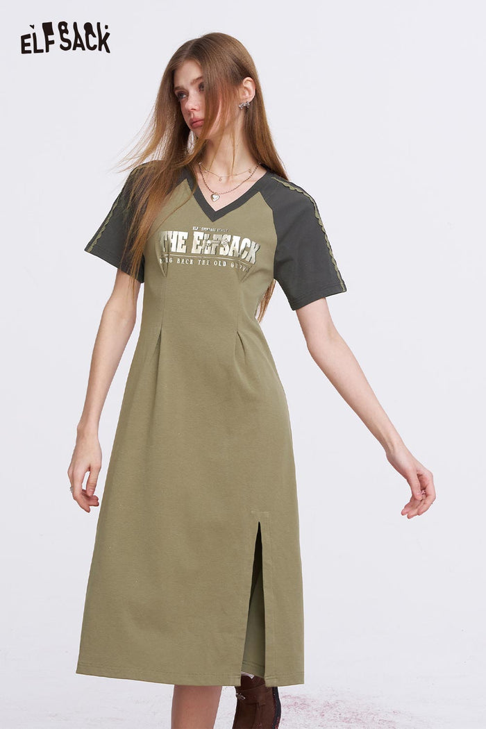 ELFSACK Retro Sporty Midi Dress with Raglan Sleeves